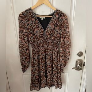 Max Studio London Floral Print Long Sleeve V Neck Smocked Waist Tiered Ruffle S